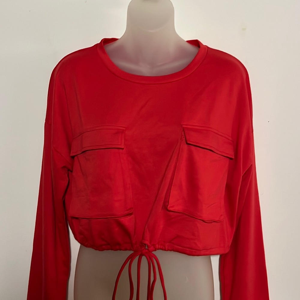 Love J Red Cargo Pocket Drawstring Crop Top Long Sleeve Utility Streetwear L